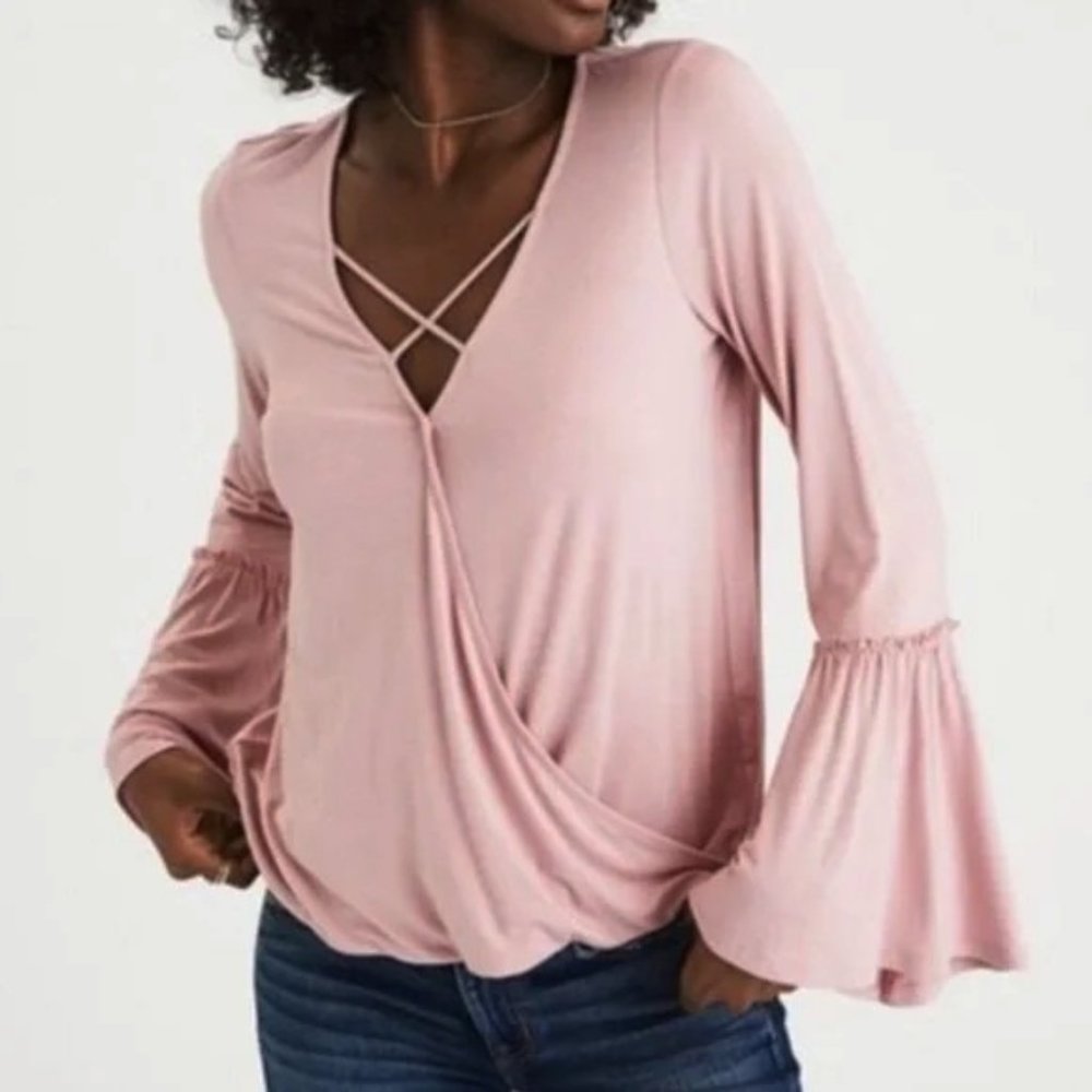 American Eagle M Women's Pink Strappy Wrap Bell Sleeve Tee Knit Top